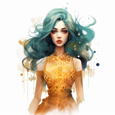 gothic style overrealistic beautiful woman in amber honeycomb dress with watercolor effect,gold details,suitable for digital clipart,white background, no physical deformation, realistic features,royality fashion, space out