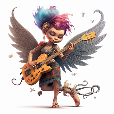 a fairy dressed as a extreme punk, big beautiful wings, playing electric guitar, tattoes, smiling, full body image, pixar style, clipart