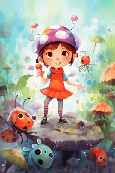 children book illustration. cartoon beauty ladybug, dragonfly, spider happy in a garden playing together. Watercolor clipart. Pixar animation