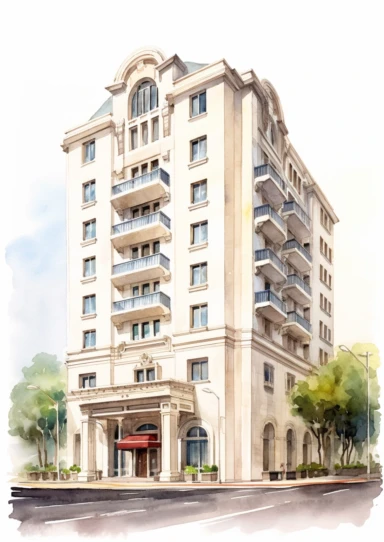ultra detailed watercolor hotel, isolated on white background, realistic, clipart