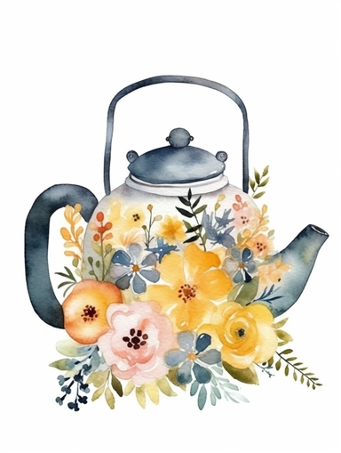 Watercolor clipart with white background, cute floral tea pot , cute and adorable, flat design, clearly defined separated image, high quality