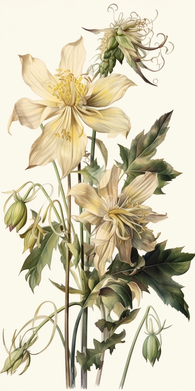 Watercolor Painting of SINGLE STEAM Columbine bouquet FLOWER on white background beautiful multi - headed pale, Flora Design Patterns, Flemish Baroque by Rachel Ruysch, Behance, Rococo, Intricate Detailed, Soft Light Effect, Oil Paint Strokes, Light Academia Aesthetic Flowers, Lighting cinematic, all shown shimmering stamens, tyndall light, light effect, texture, colorful, 8k, fantasy, ray tracing, depth of field, vivid, spectacular lighting, octane rendering, highly detailed, ultra - realistic,