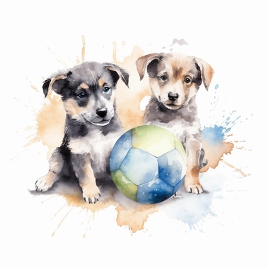 Watercolor puppies playing, with ball that resembles a world globe Clipart - cute dogs , Colour of blacka and silver, white background, vector art, high definition, clip art, ar 2:2