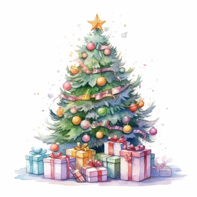 lovely Christmas Tree: Clip art featuring decorated Christmas tree, either in traditional green or with various colorful ornaments, gift boxes, and lights, is commonly used to represent the spirit of Christmas. watercolor hand painting by Hayao Miyazaki ultra detail, 8k megapixel a careful touch white background for clipart