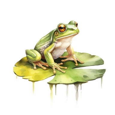 watercolor green frog on lily pad clipart, white background