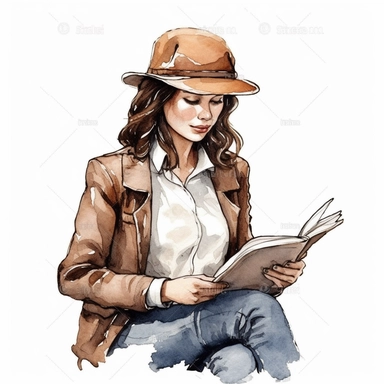 boss lady with formal clothing and baseball hat reading book watercolor clipart black lines white background