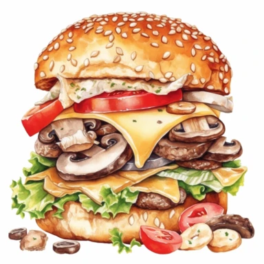 Swiss cheese Burger Ground beef, a lot of swiss cheese, sauteed mushrooms, lettuce, tomato, mayonnaise, brioche bun ,clipart water color, white background, 8k
