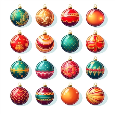 christmas ball elements clipart, vector, flat, 4k, isolated on white background, spaced out ar 3:2