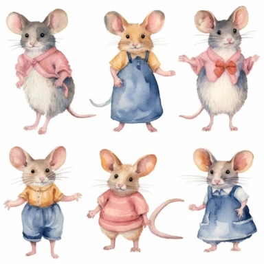Watercolor Mouse in Dress, 25 Cute Mice Clipart, Animal Digital Prints