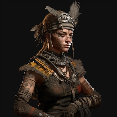 a caucasian woman wearing tribal clothing and doll head necklace post apocalyptic, unreal game engine style, different poses, detail, clipart, black background, one of a kind--ar 16:9