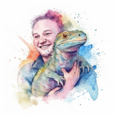 Adorable pet Monitor Lizard having happy moment with it's human owner, water color style, clipart, white background