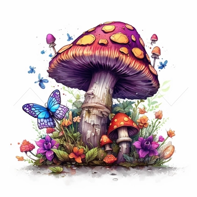 create an illustration featuring a magical pueple mushroom clipart, small flowers and small butterfly, vibrant colors, rainbow colors, magical, whimsical, fairytale, fiction, against a white background, harlequin cyberpunk, highly detailed