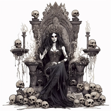 A dark and mysterious digital clipart illustration of a vampire queen sitting on a throne made of bones, wearing a black lace dress, surrounded by candles and skulls, with an intimidating expression on her face, Illustration, digital art, on white background