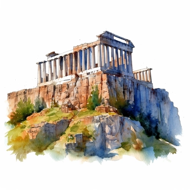 a Greece Acropolis in the style of watercolour clipart with detailed brush strokes
