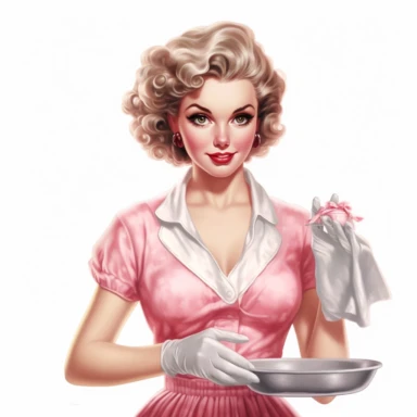 beautiful pretty pin up woman, makeup and hair 50's style, diferent cleaning poses,maid dressed, home stuff in her hands, and a lace on her hair, all in 50's style, paint art style, detail, clipart, white background, superrealistic, one of a kind