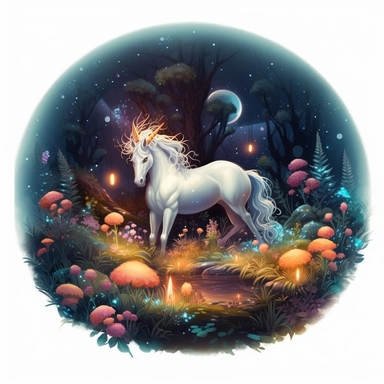 magic forest with glowing mushrooms, fireflies, and a unicorn resting on a bed of leaves, fantasy, magic, Fantasy Clipart, PNG Clipart, Illustration clipart, white background, vivid color, 4K, extremely detailed