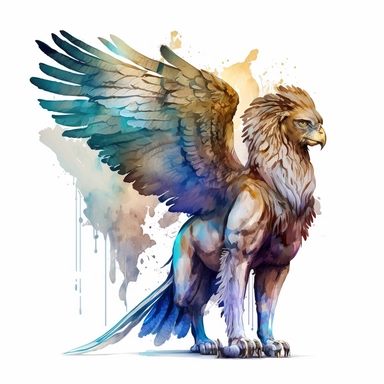 Griffon creature of mythology with watercolour effect,full body,a Bird with the body of a lion and the head of an eagle ,fantastic scene,suitable for digital cliparts,white background,antience greek style, mythological monsters