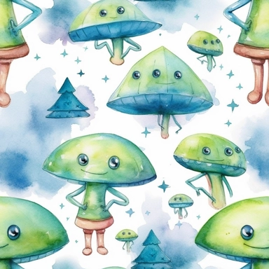 cute little ufo and aliens, clipart watercolor style