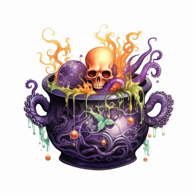 hand drawn black cauldron with bubbling potion, large bone in the cauldron, an octopus tentacle coming out of cauldron and hanging on the side, Halloween, purple orange and green shades, fantasy, glamorous, clipart style, detailed and realistic, watercolor, white background with margins