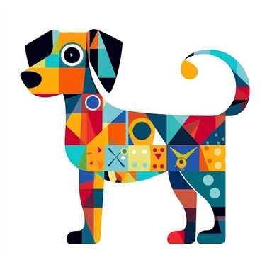 A clip art illustration of a dog with abstract shapes and patterns, on a white background, inspired by modern art movements such as Cubism or Abstract Expressionism, on a white background,