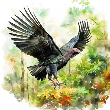 Clipart of turkey, a large black turkey is flying over a lush green forest, full body, made of feathers, watercolor painting, white background, featured on pixiv, computer art, watercolor, digital illustration, detailed painting, realistic