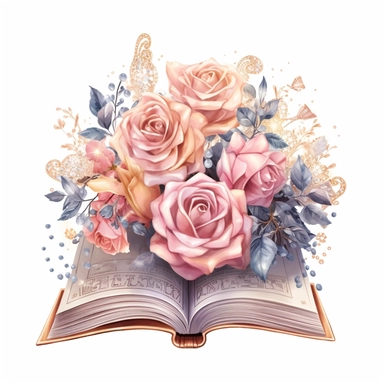 Watercolour rose gold and pastel detailed 3d Handheld Floral Book reading lover, surrounded by beautiful roses and Swarovski crystals and diamonds, svg clipart style, solid white background, clipart element, clipart style highly detailed beautiful