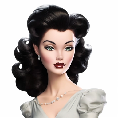 Beautiful pretty barbie doll 50's style, dark hair, paint art style, detail, clipart, white background, superrealistic, one of a kind
