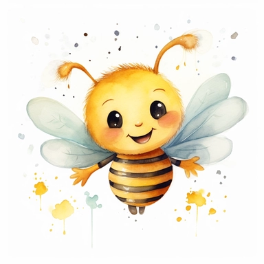 watercolor, watersplash, a cute little honey bee smiling, flying, enjoying, stars, whimsical,clouds, clipart, hd, on white background