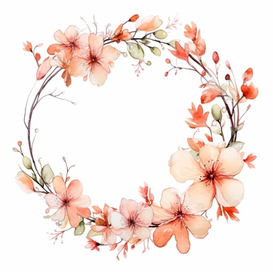 watercolor clipart of a empty suttle dainty floral circle frame surrounded by peach color flowers and cream color flowers. Capture the essence of blooming beauty and intricate details in your artwork, white background