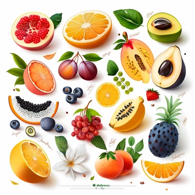 Clipart set of summer fruits, eye-catching composition, modern, free brushwork, white background