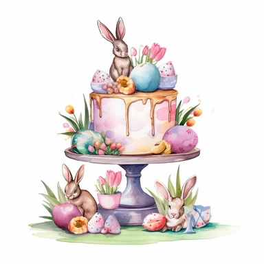 whimsical watercolour clip art against a white background easter themed cake on a cake stand