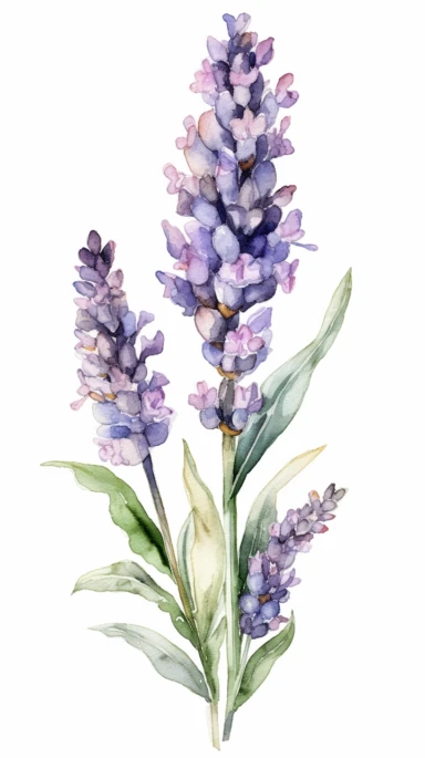 watercolor clipart of Lavendel, white background, pastel tetradic colors, focused on the character,