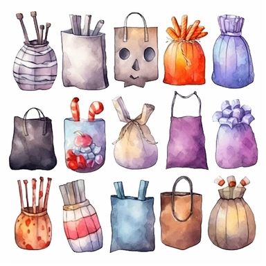 beautiful loose watercolor bag of candy , illustrations clipart set, simple, , different variants , halloween, separate elements with a margin, on white background