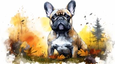 hyperrealistic ultra detailed watercolor clipart, French bulldog in the park like in a children's book, white background, in the style of digital print, clipart, illustration, sticker, ultra high definition, rich details, 32K, HD