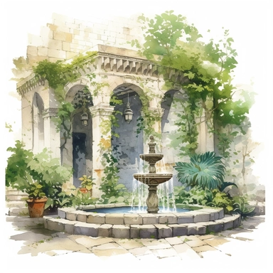 watercolor, hyper realistic, white background, white margins, 16k, ultra detailed clipart, cut out image, hand-drawn, whimsical manhwa style, ultra HD, sharp and clean art a garden nook hidden by overgrown vines, with a stone fountain and antique urns.