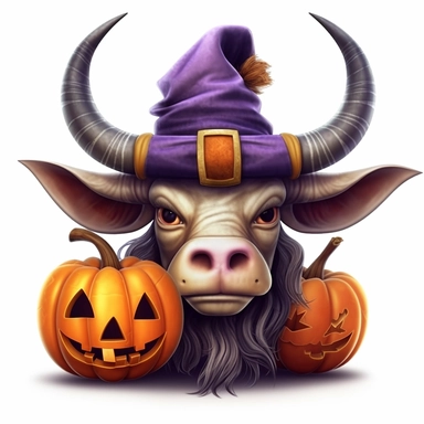 3D super realistic halloween Longhorn Cow with a witch's purple hat on his head among pumpkins clipart