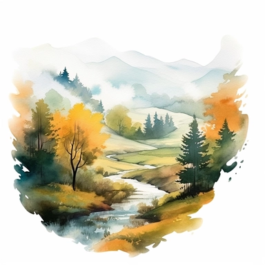 a misty autumn morning in a fog-filled valley with trees peeking through, clipart, watercolor, white background