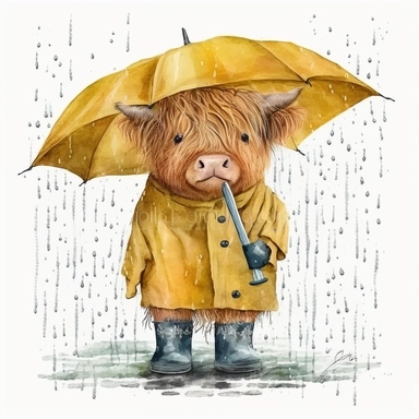 Highland Cow in a rain coat holding a unbrella, rain boots, yellow coat, Watercolor, Clipart, Farm Animal, clipart