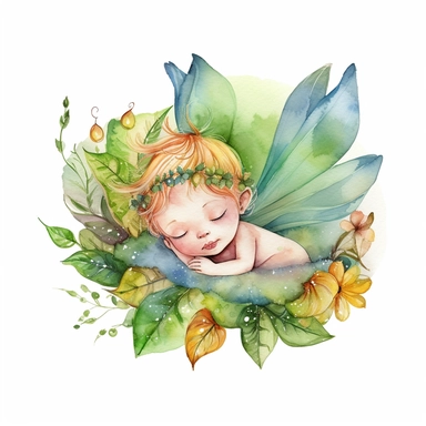 A watercolor painting of a baby fairy boy sleeping on a flower or leaf, with a serene expression on his face. This clipart would be perfect for use in designs related to relaxation, meditation, or mindfulness, Full HD Colorfull Watercolor, 8k
