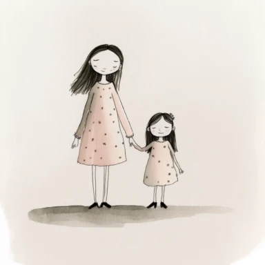 mother and young daughter with black hair holding hands, watercolor and ink drawing, clipart, happy, gentle smile, beautiful watercolor ink wash coloring, thick pencil lines, Jon klassen, Adrian tomine, popular on etsy, watercolor illustrations clipart, watercolor illlustrations for kids and children, book illustrations, plain white background