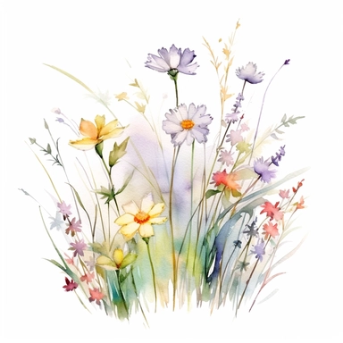 Watercolor drawing dreamy soft pale foggy spring wildflowers grass, watercolor floral clipart, white background, isolated on white, 8k, watercolor style