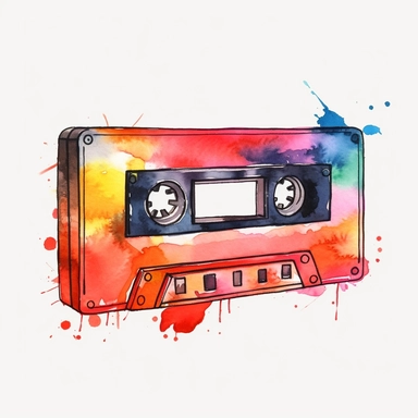 watercolor clipart of a cassette tape, retro, white background
