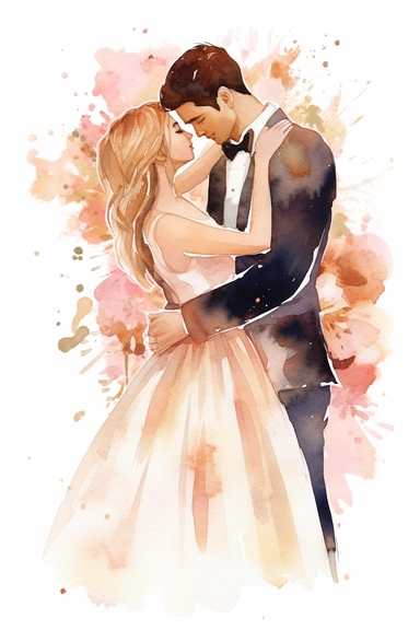 Watercolor, cute, wedding, young couple clipart, hd, on white background, spaced out, Detailed
