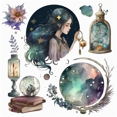 a set of high quality hand painted watercolor Astronomy transparent clipart which includes astronomy and magic concept illustrations of a beautiful girls with flowers,magic ball,wizard items, golden stars and moon, mirror,sand clocks, candles, potion bottles,books and many others.