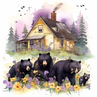 hand drawn family of black bears, wearing clothes in shades of yellow and purple, at a cabin in the woods, bumblebees, purple flowers and grass, very detailed, very realistic, watercolor, clipart style