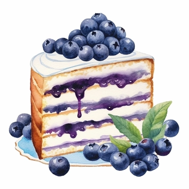 one cake blueberry watercolor clipart on a white background, paper crafting, clipart, in the style of pictorial fabrics, celebration of rural life, allover composition, repeating pattern, kitchen still life, opulent fabrics, goosepunk, no watermark, text, 300 DPI , typography, shapes do not stick together, no text in the picture, on a white background