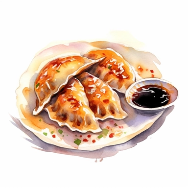 picturesque,bright luxury Japanese nutural food, Pan-fried gyoza dumplings with brown burnt marks, Japanese Gyoza have Juicy on the inside, a golden brown and slightly crispy base, for the restaurant menu, icon clipart on white background, watercolor, detailing in pastel colors, high quality, painted by Beatrix Potter, 8k,
