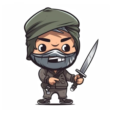 Hobo holding a knife like a ninja emoji clipart, on white background