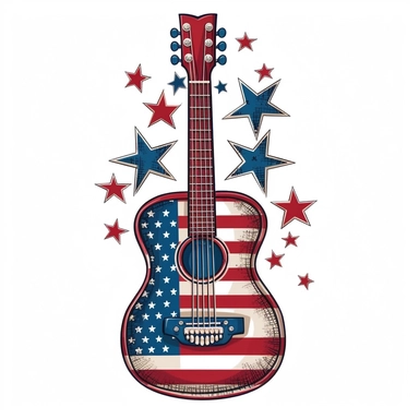 4th of july patriotic american guitar clipart, isolated on white background,