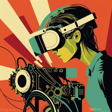 vr headset, virtual reality, industrial worker, poster, learning in vr gogle, repairing machine, simplistic, abstract, vector, 2d illustration, clipart, few colors, industrial, hi-tech